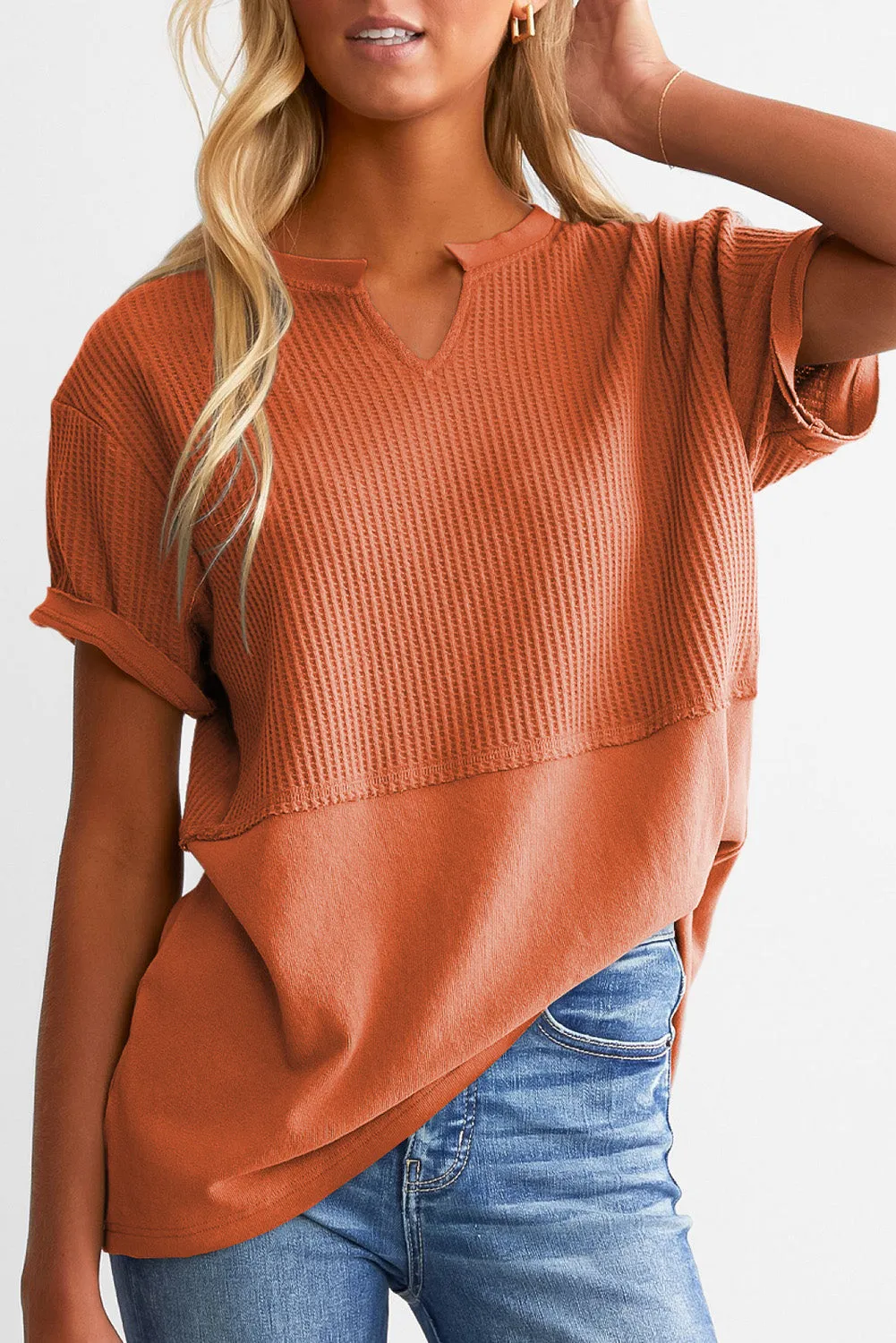 Womens Casual V Neck Waffle Knit Tops Short Sleeve T Shirts Loose Tops