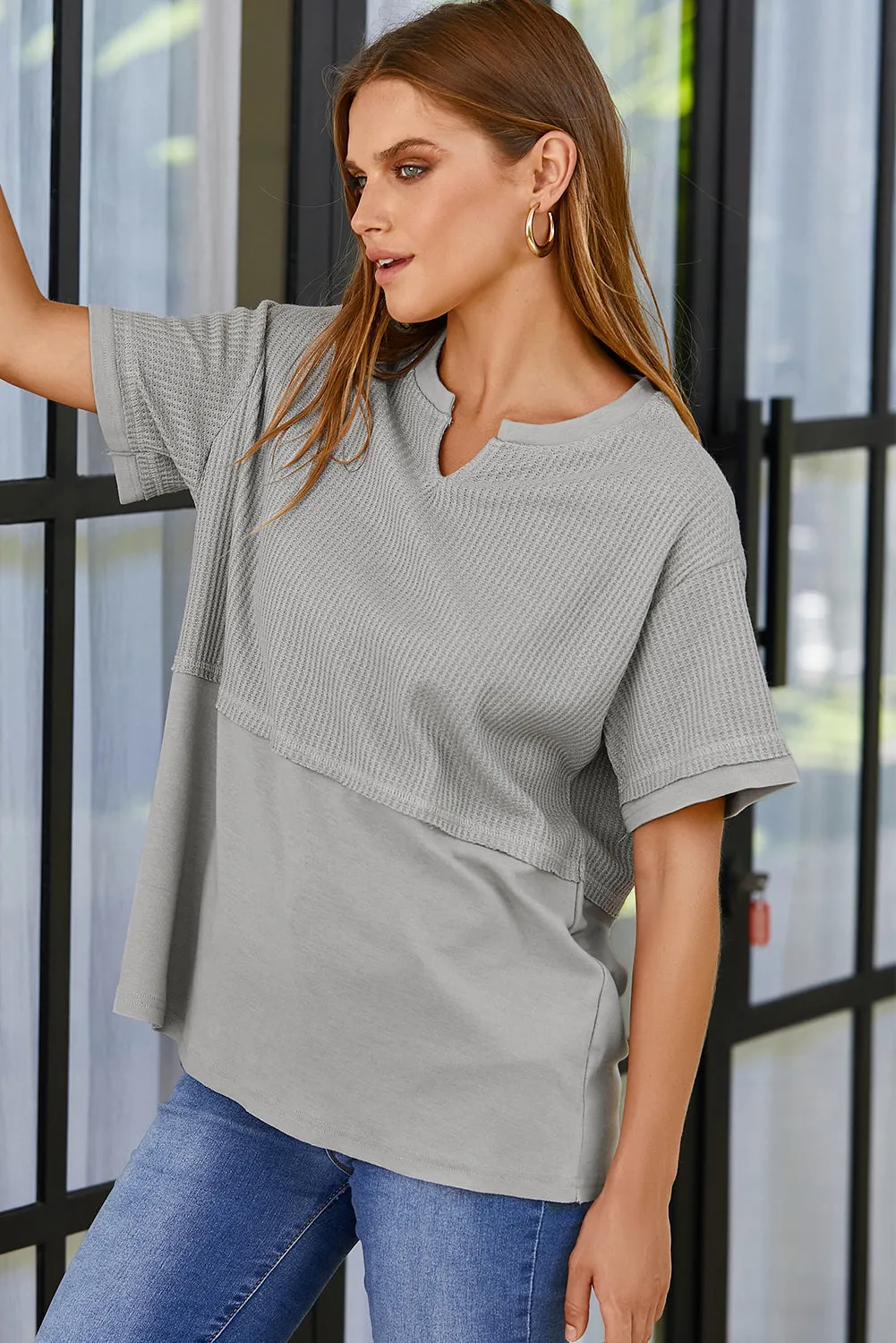 Womens Casual V Neck Waffle Knit Tops Short Sleeve T Shirts Loose Tops