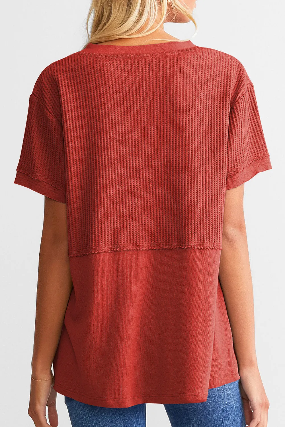 Womens Casual V Neck Waffle Knit Tops Short Sleeve T Shirts Loose Tops