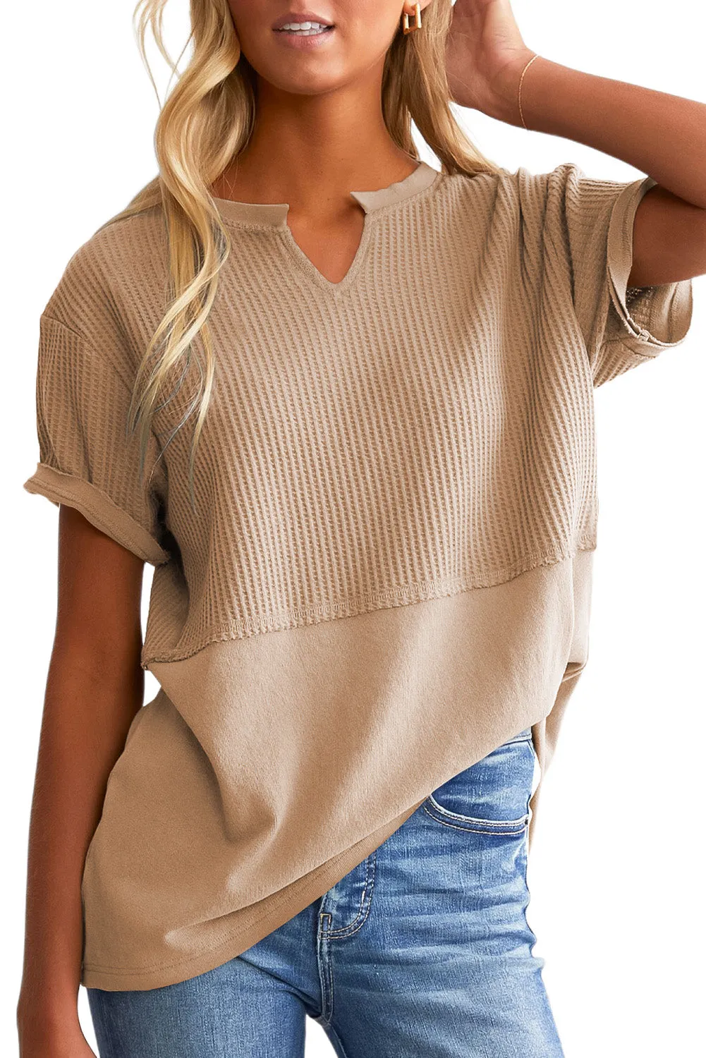 Womens Casual V Neck Waffle Knit Tops Short Sleeve T Shirts Loose Tops