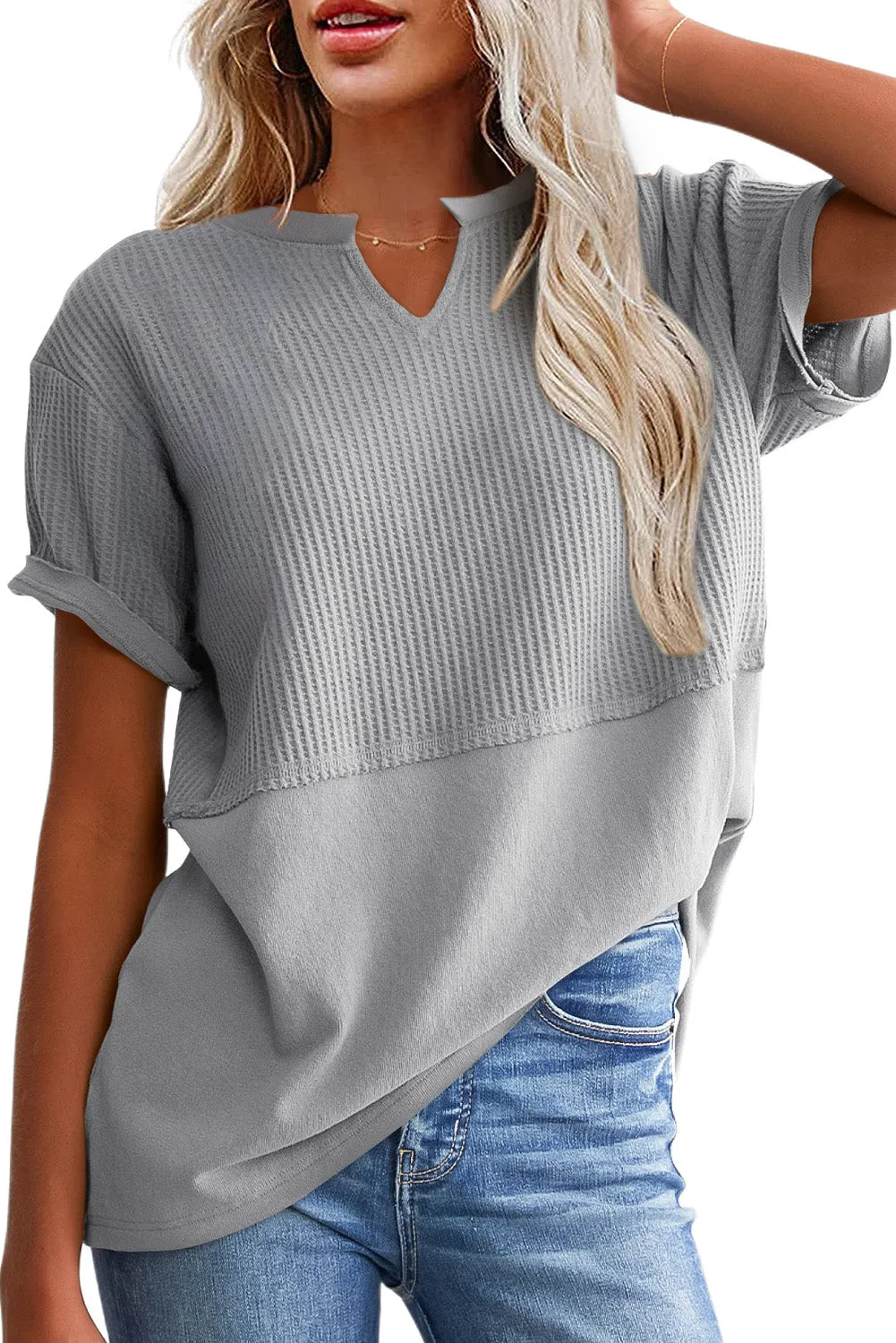 Womens Casual V Neck Waffle Knit Tops Short Sleeve T Shirts Loose Tops