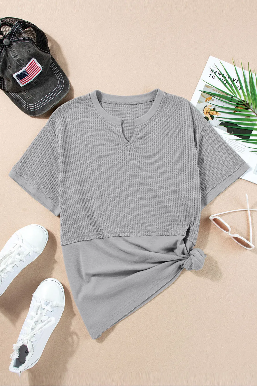 Womens Casual V Neck Waffle Knit Tops Short Sleeve T Shirts Loose Tops