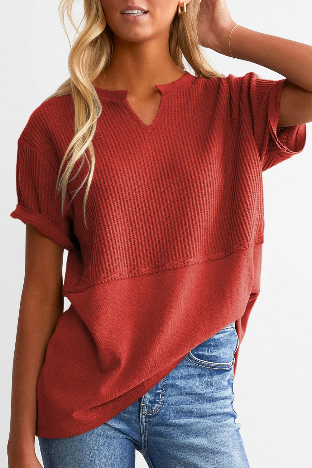 Womens Casual V Neck Waffle Knit Tops Short Sleeve T Shirts Loose Tops