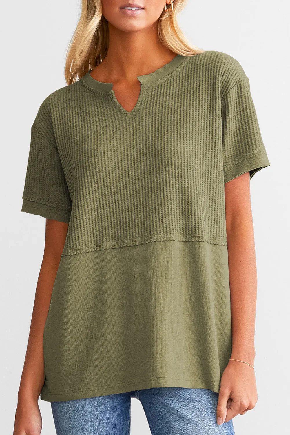 Womens Casual V Neck Waffle Knit Tops Short Sleeve T Shirts Loose Tops