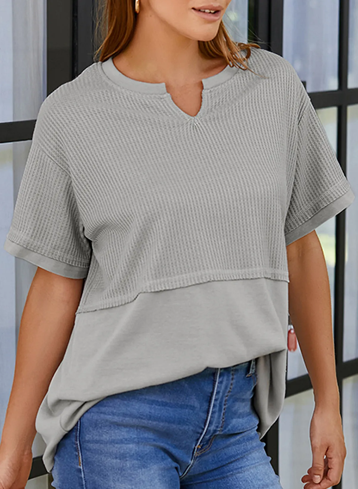 Womens Casual V Neck Waffle Knit Tops Short Sleeve T Shirts Loose Tops