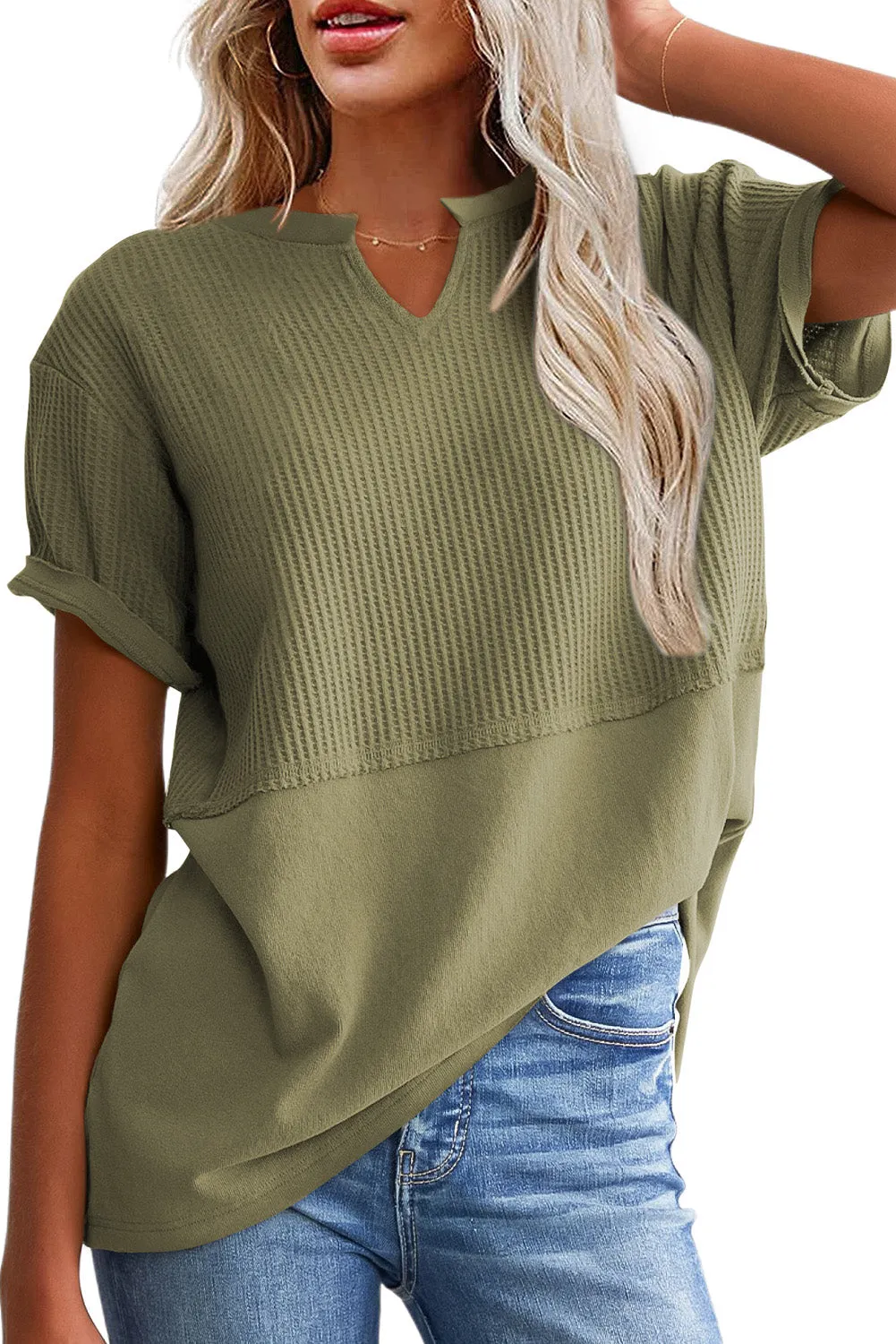 Womens Casual V Neck Waffle Knit Tops Short Sleeve T Shirts Loose Tops