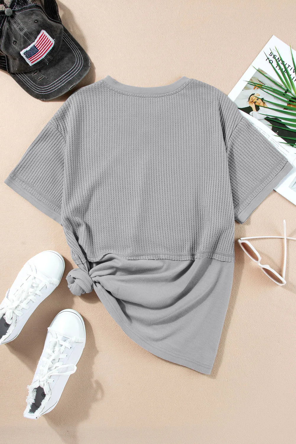 Womens Casual V Neck Waffle Knit Tops Short Sleeve T Shirts Loose Tops