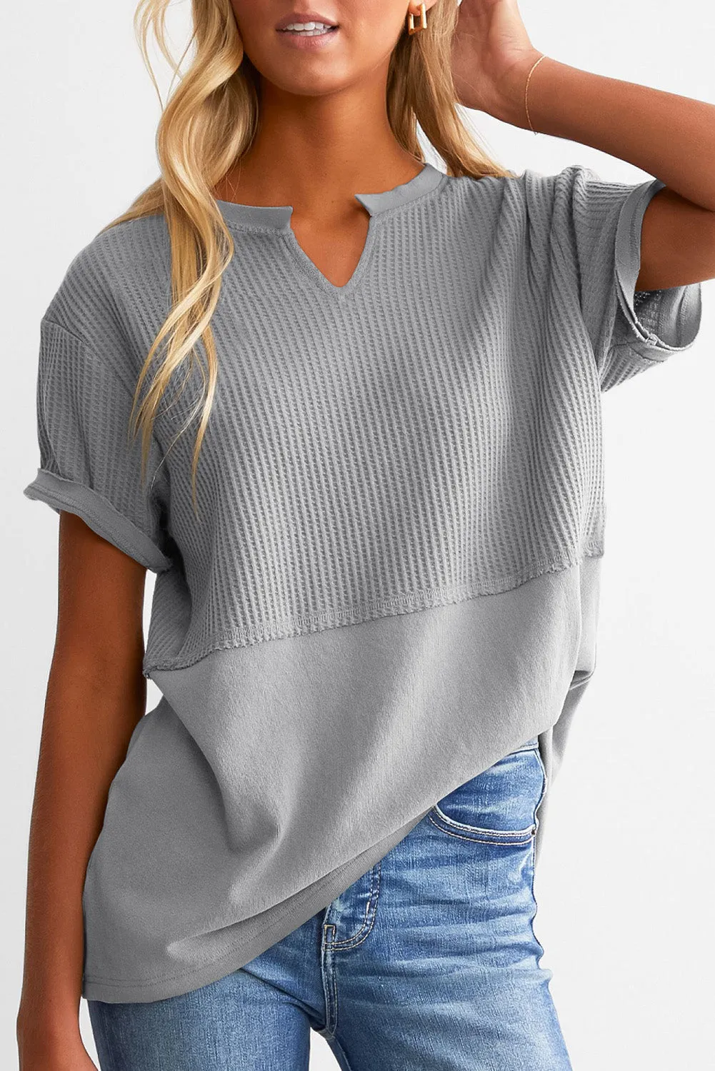 Womens Casual V Neck Waffle Knit Tops Short Sleeve T Shirts Loose Tops