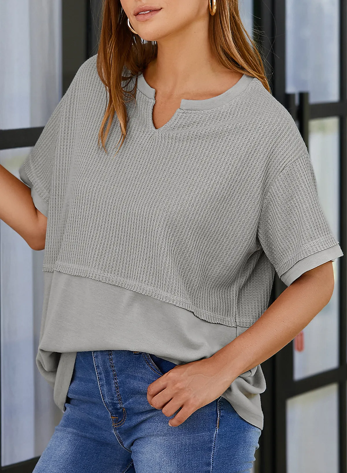Womens Casual V Neck Waffle Knit Tops Short Sleeve T Shirts Loose Tops