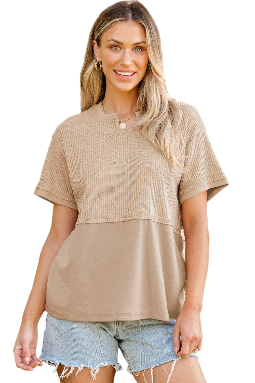 Womens Casual V Neck Waffle Knit Tops Short Sleeve T Shirts Loose Tops