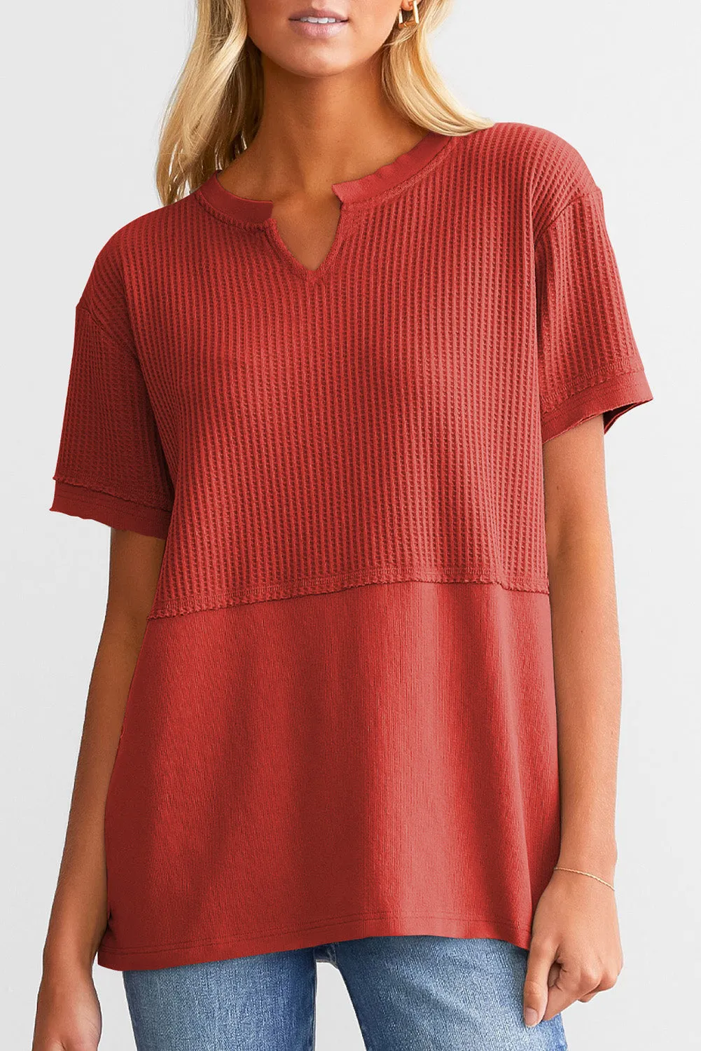 Womens Casual V Neck Waffle Knit Tops Short Sleeve T Shirts Loose Tops