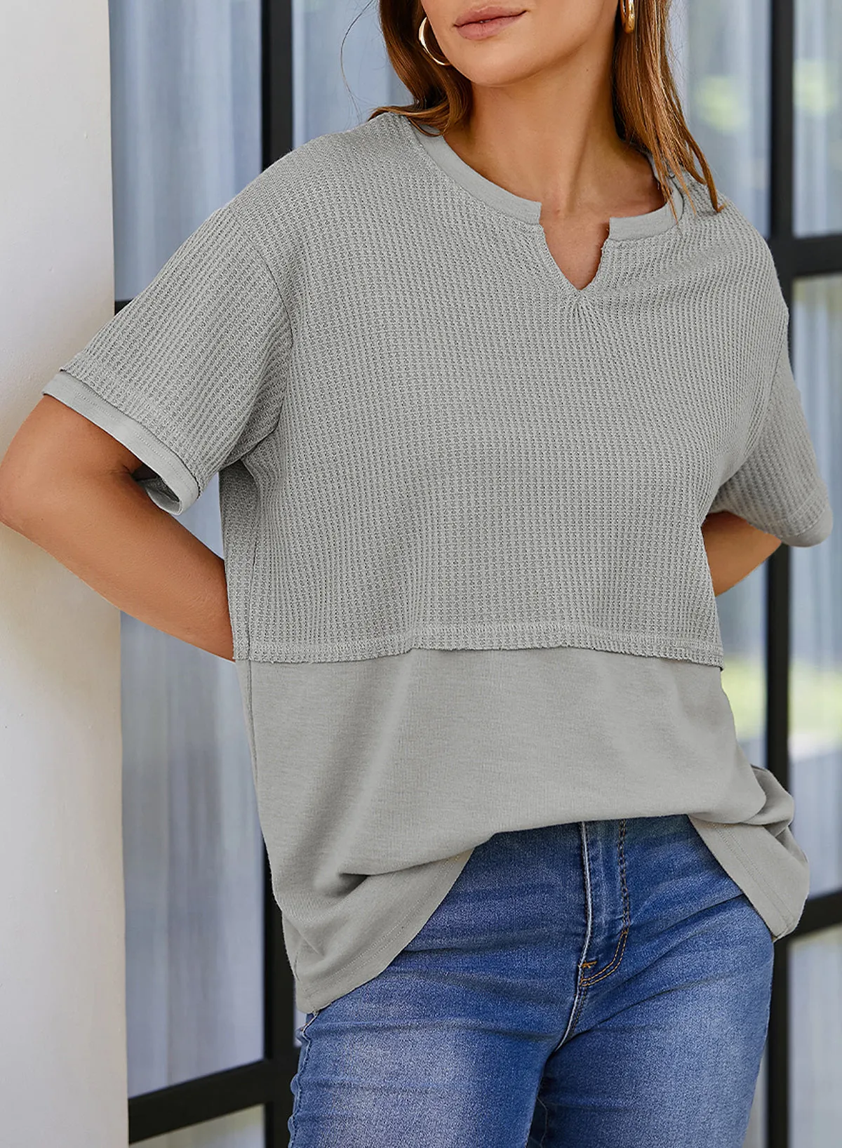 Womens Casual V Neck Waffle Knit Tops Short Sleeve T Shirts Loose Tops