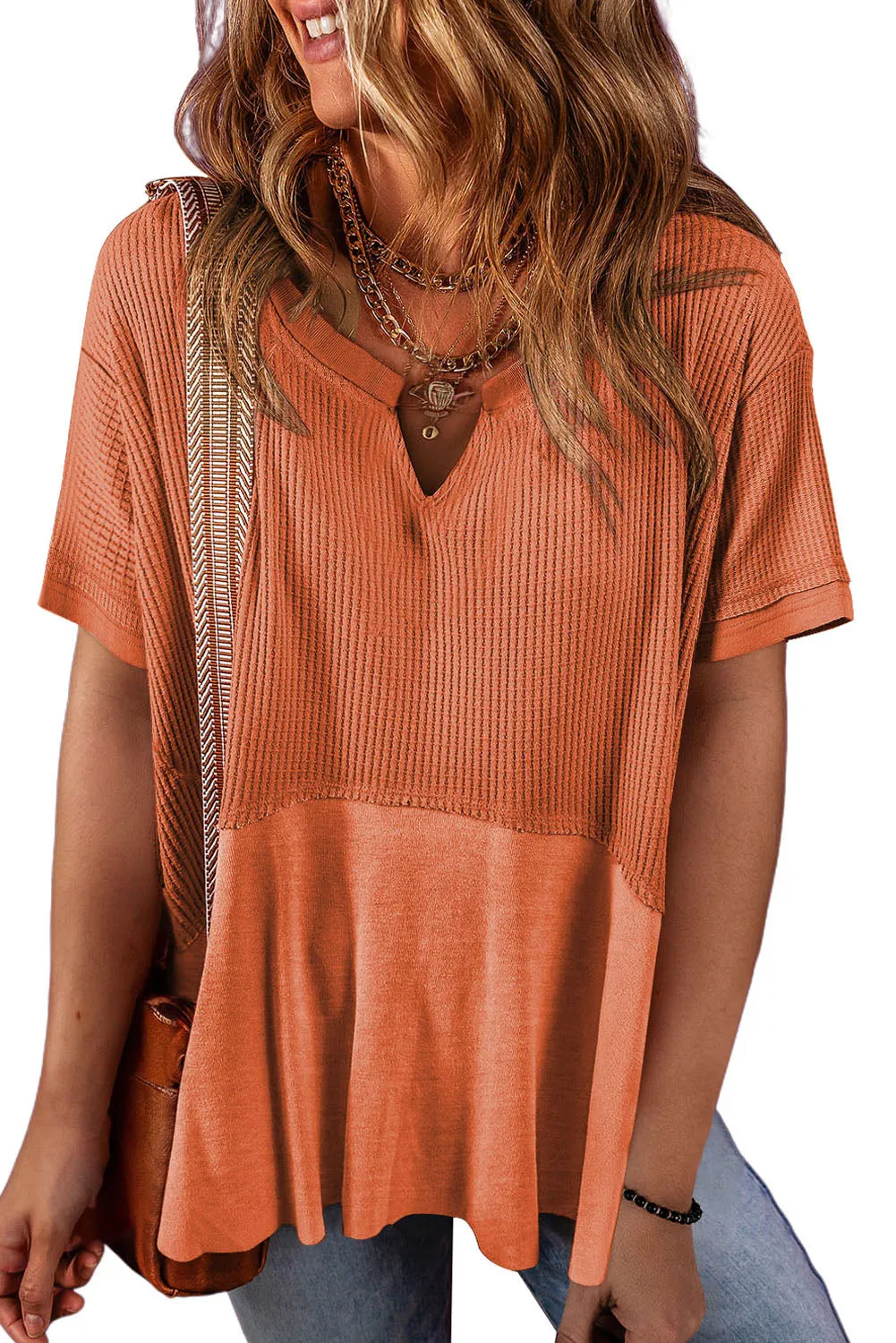 Womens Casual V Neck Waffle Knit Tops Short Sleeve T Shirts Loose Tops