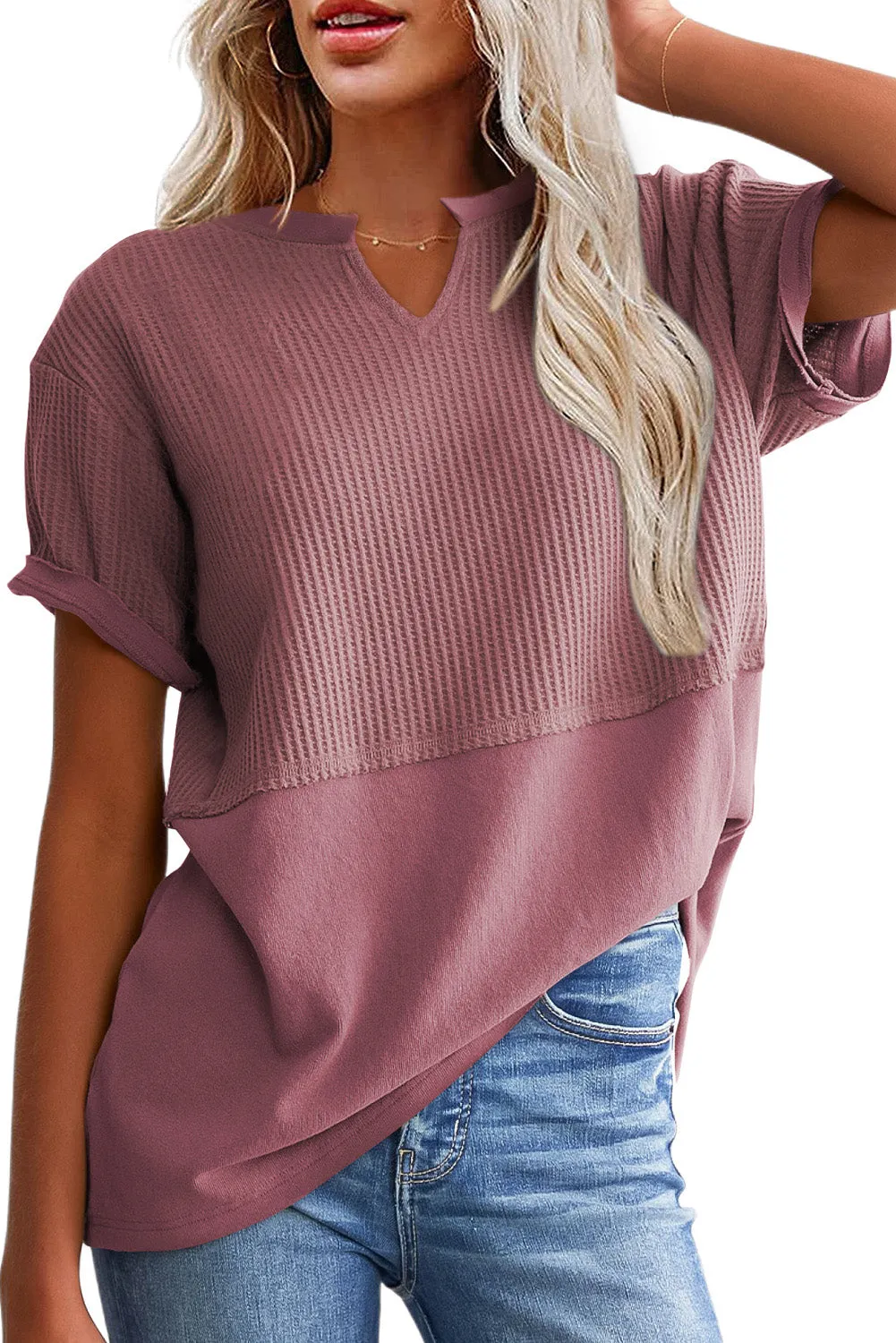 Womens Casual V Neck Waffle Knit Tops Short Sleeve T Shirts Loose Tops