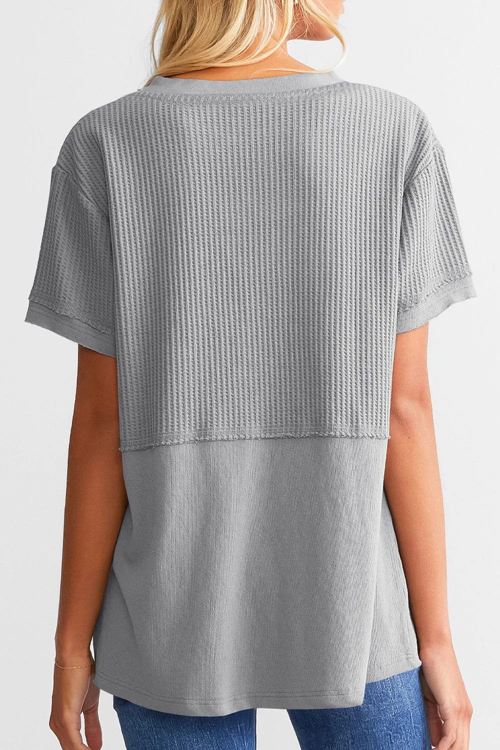 Womens Casual V Neck Waffle Knit Tops Short Sleeve T Shirts Loose Tops
