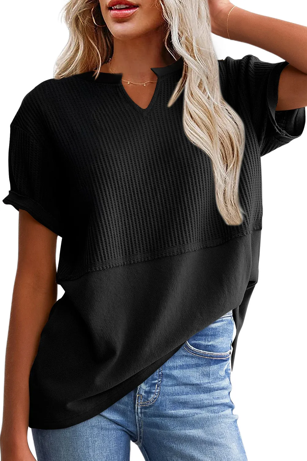 Womens Casual V Neck Waffle Knit Tops Short Sleeve T Shirts Loose Tops