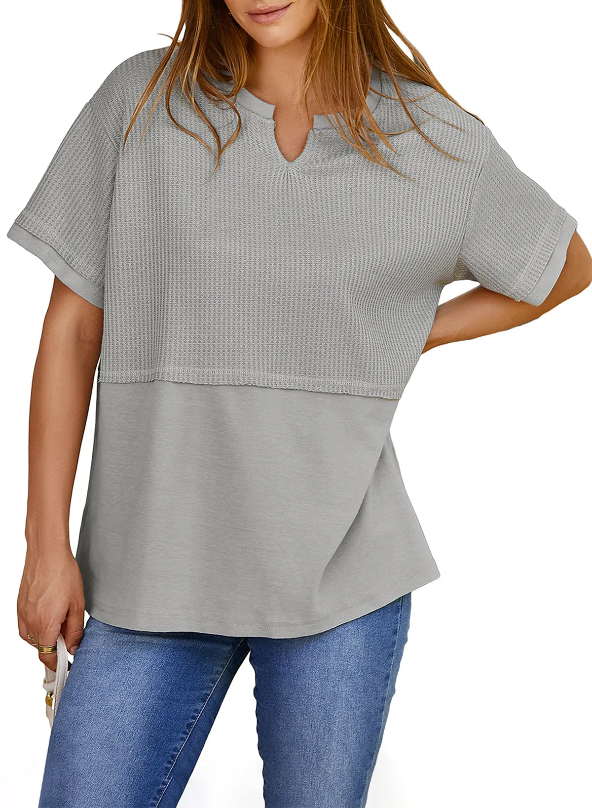 Womens Casual V Neck Waffle Knit Tops Short Sleeve T Shirts Loose Tops