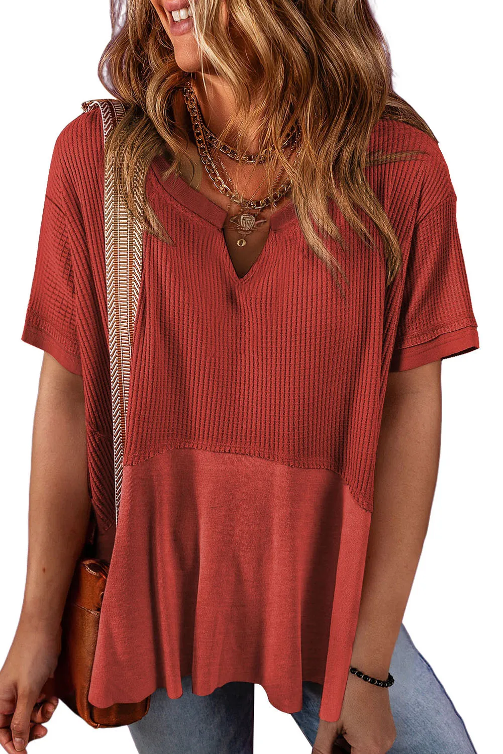 Womens Casual V Neck Waffle Knit Tops Short Sleeve T Shirts Loose Tops