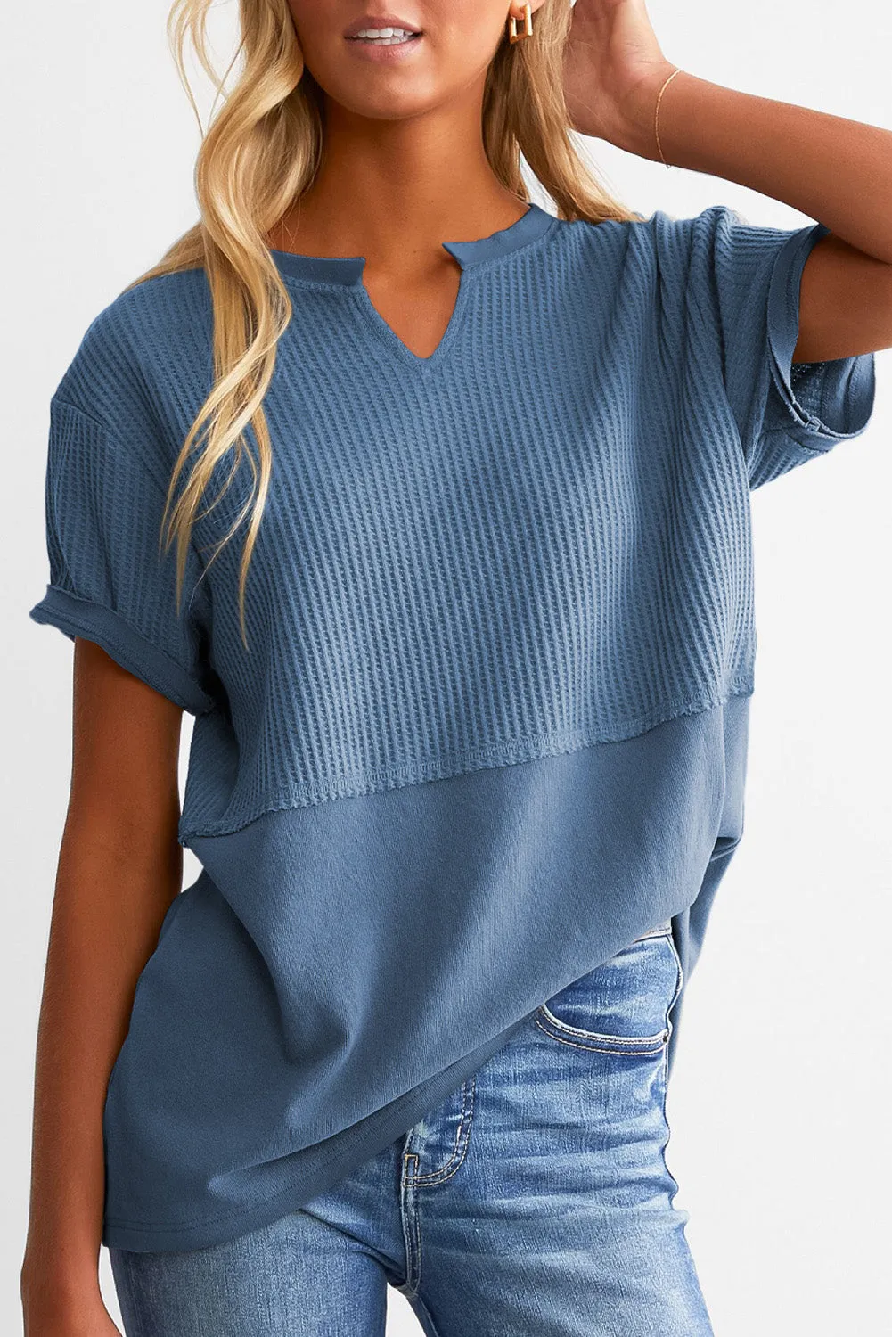 Womens Casual V Neck Waffle Knit Tops Short Sleeve T Shirts Loose Tops