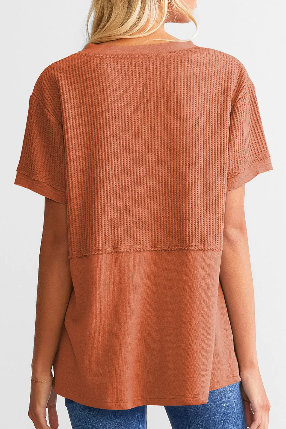 Womens Casual V Neck Waffle Knit Tops Short Sleeve T Shirts Loose Tops