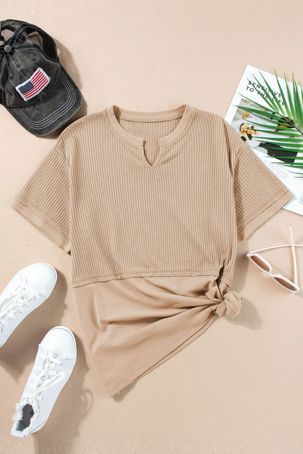 Womens Casual V Neck Waffle Knit Tops Short Sleeve T Shirts Loose Tops