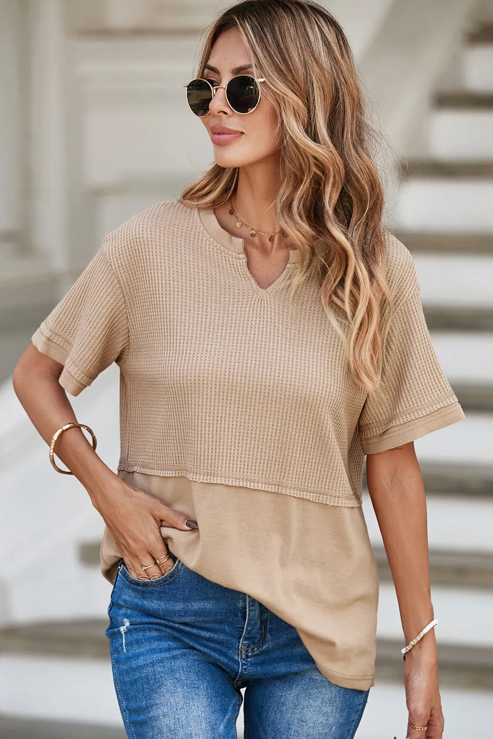 Womens Casual V Neck Waffle Knit Tops Short Sleeve T Shirts Loose Tops
