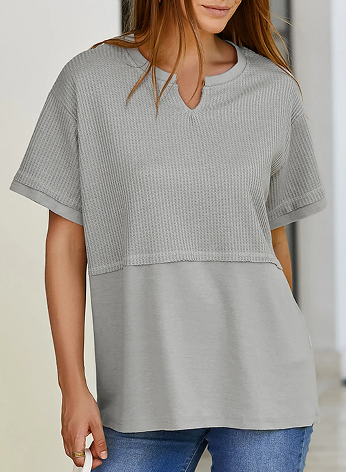 Womens Casual V Neck Waffle Knit Tops Short Sleeve T Shirts Loose Tops