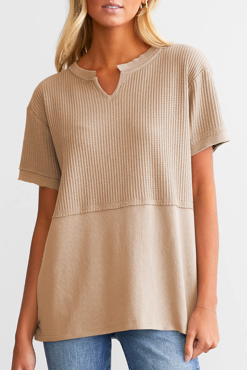 Womens Casual V Neck Waffle Knit Tops Short Sleeve T Shirts Loose Tops