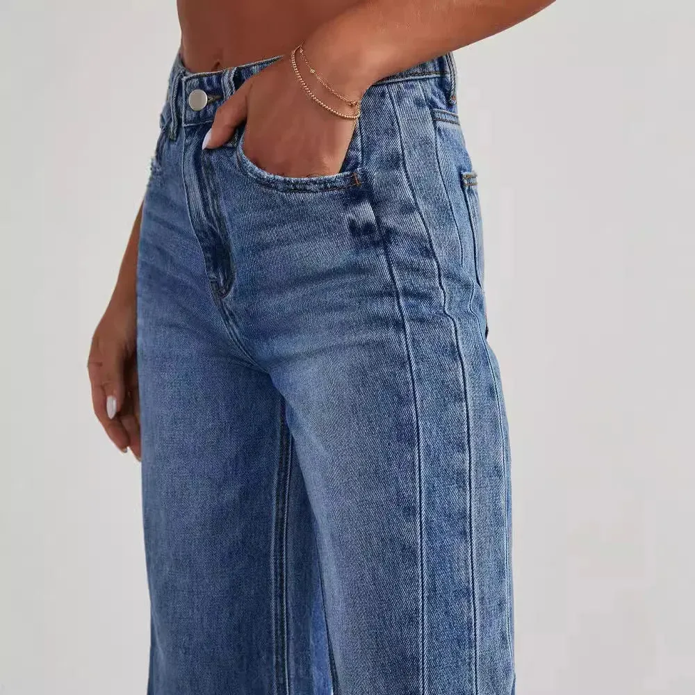 Women's Denim High Waist Fashion Wide Leg Pants Cotton Trousers Autumn Tide Straight Pants De Mujer Frayed Hem Jeans