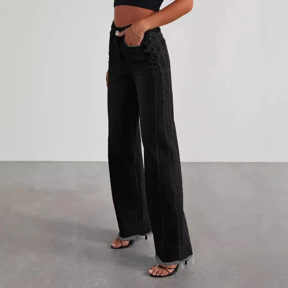 Women's Denim High Waist Fashion Wide Leg Pants Cotton Trousers Autumn Tide Straight Pants De Mujer Frayed Hem Jeans