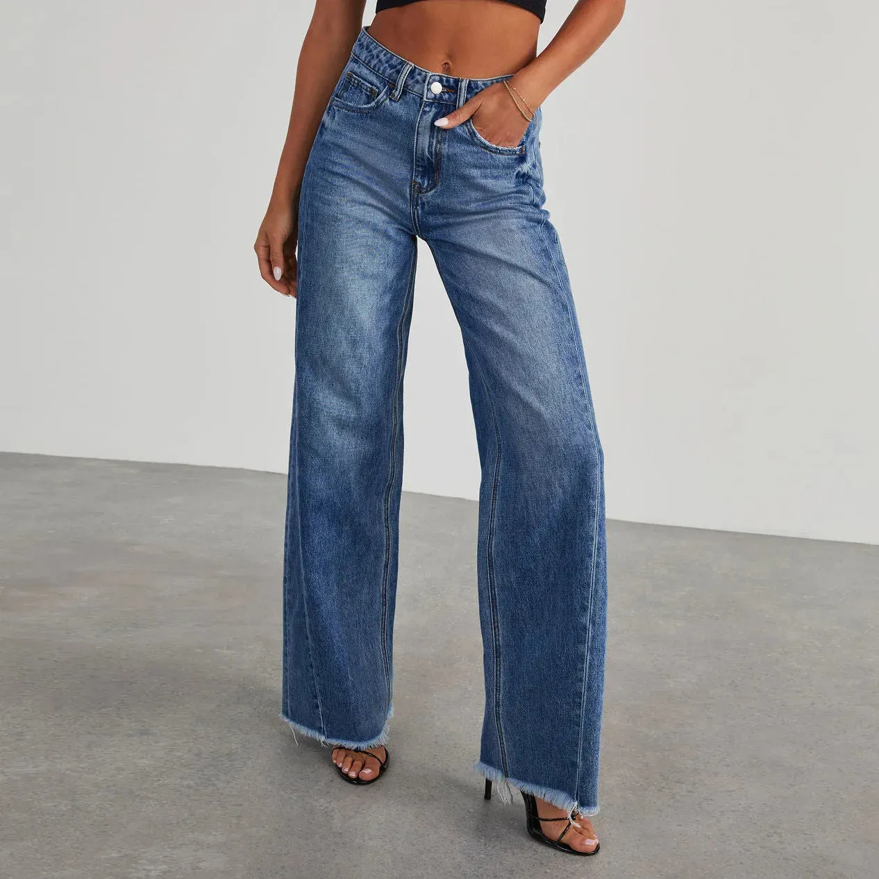 Women's Denim High Waist Fashion Wide Leg Pants Cotton Trousers Autumn Tide Straight Pants De Mujer Frayed Hem Jeans