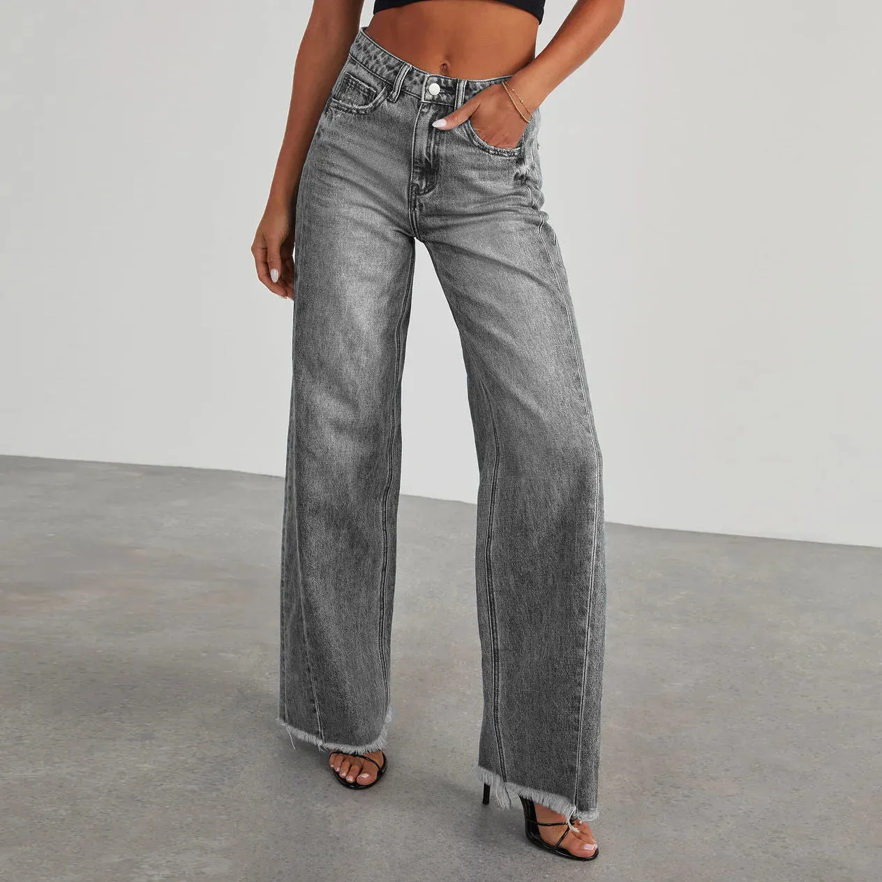 Women's Denim High Waist Fashion Wide Leg Pants Cotton Trousers Autumn Tide Straight Pants De Mujer Frayed Hem Jeans