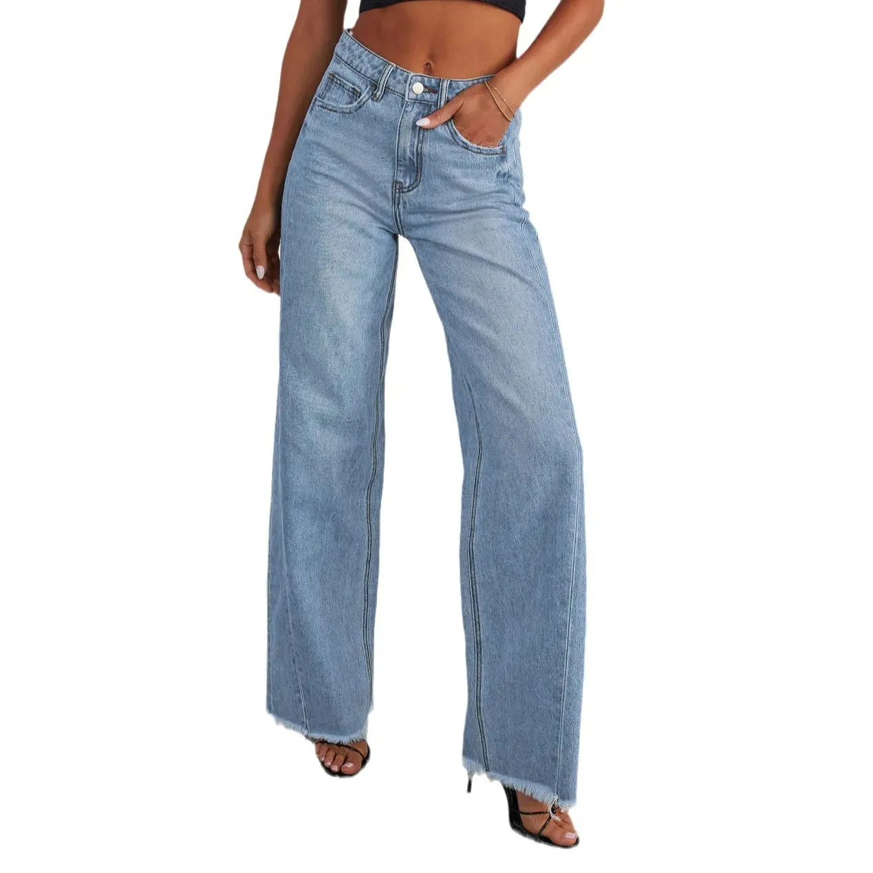 Women's Denim High Waist Fashion Wide Leg Pants Cotton Trousers Autumn Tide Straight Pants De Mujer Frayed Hem Jeans