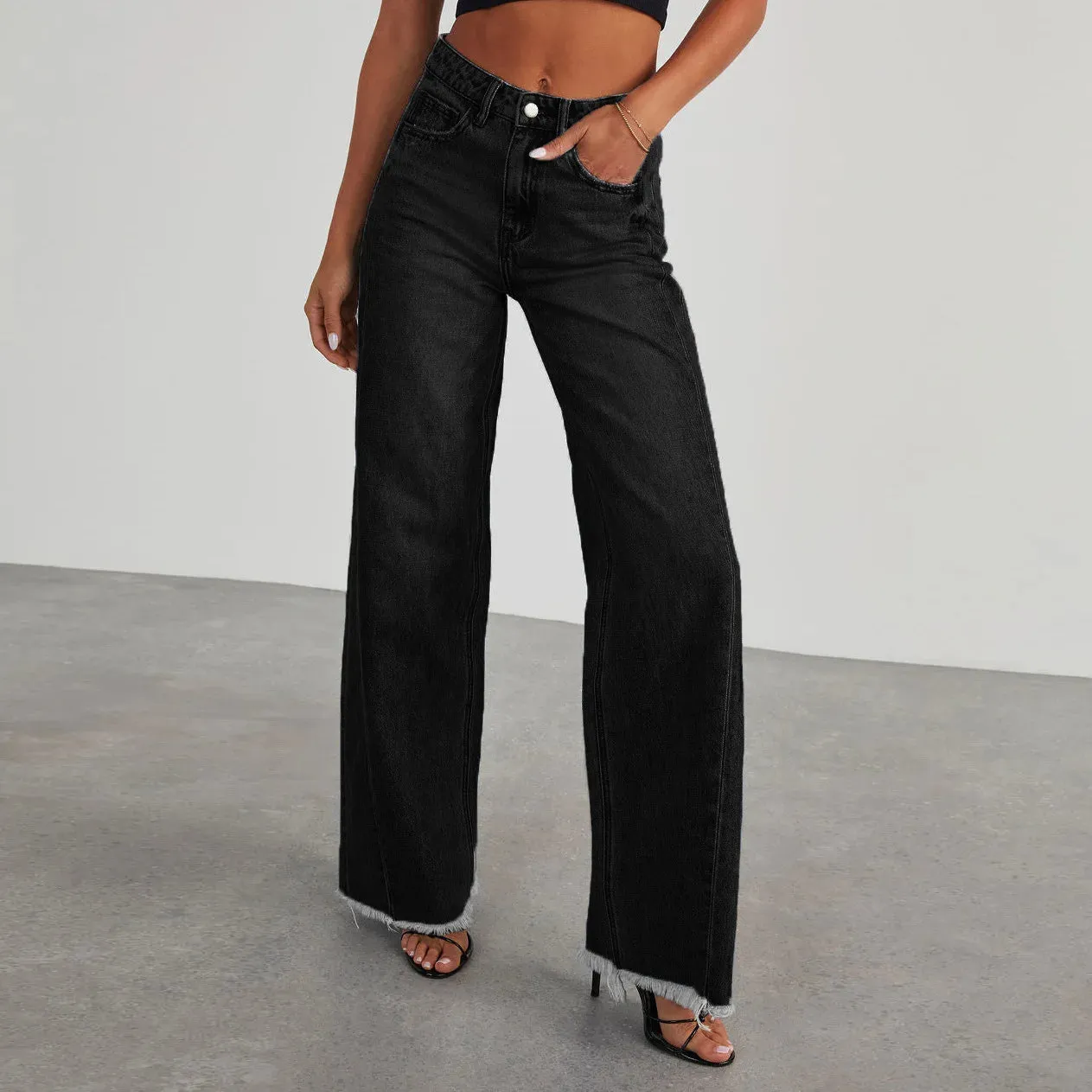 Women's Denim High Waist Fashion Wide Leg Pants Cotton Trousers Autumn Tide Straight Pants De Mujer Frayed Hem Jeans