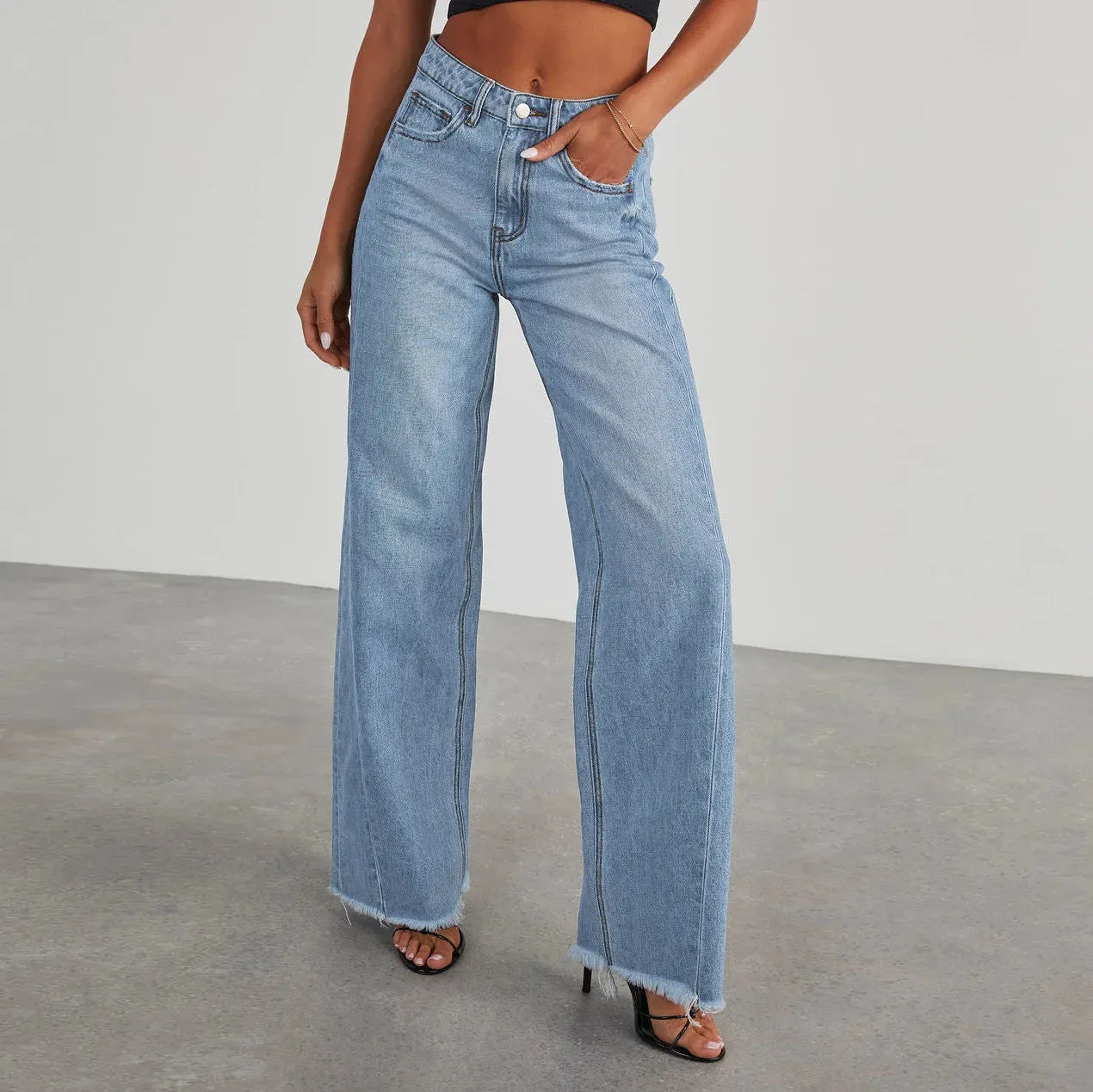 Women's Denim High Waist Fashion Wide Leg Pants Cotton Trousers Autumn Tide Straight Pants De Mujer Frayed Hem Jeans